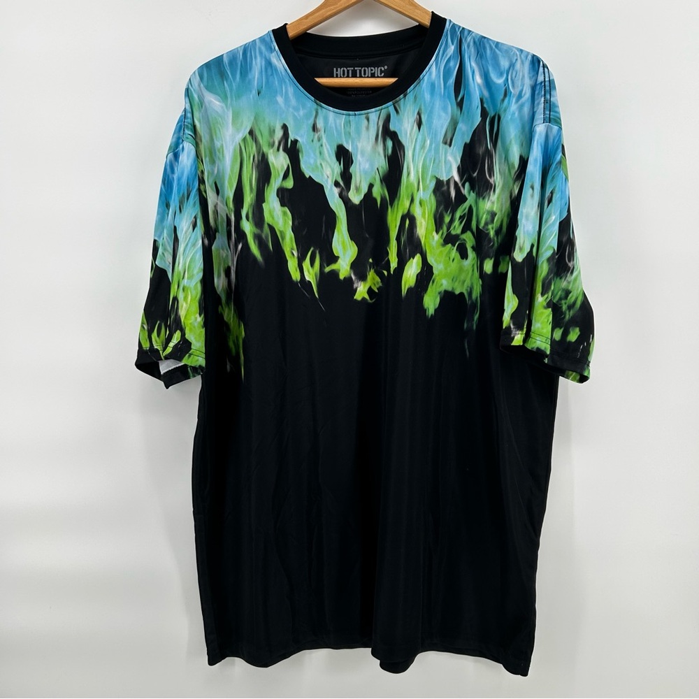 Hot Topic Flame Graphic T Shirt Mens 2XL Black Green Blue‎ Skater Streetwear